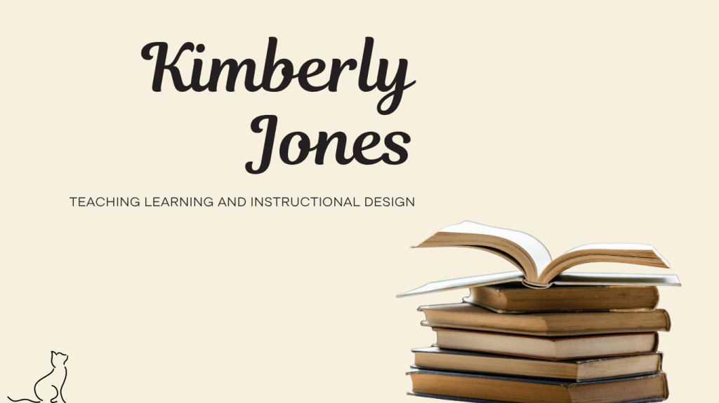 the name Kimberly Jones
a line drawing of a cat
stack of books